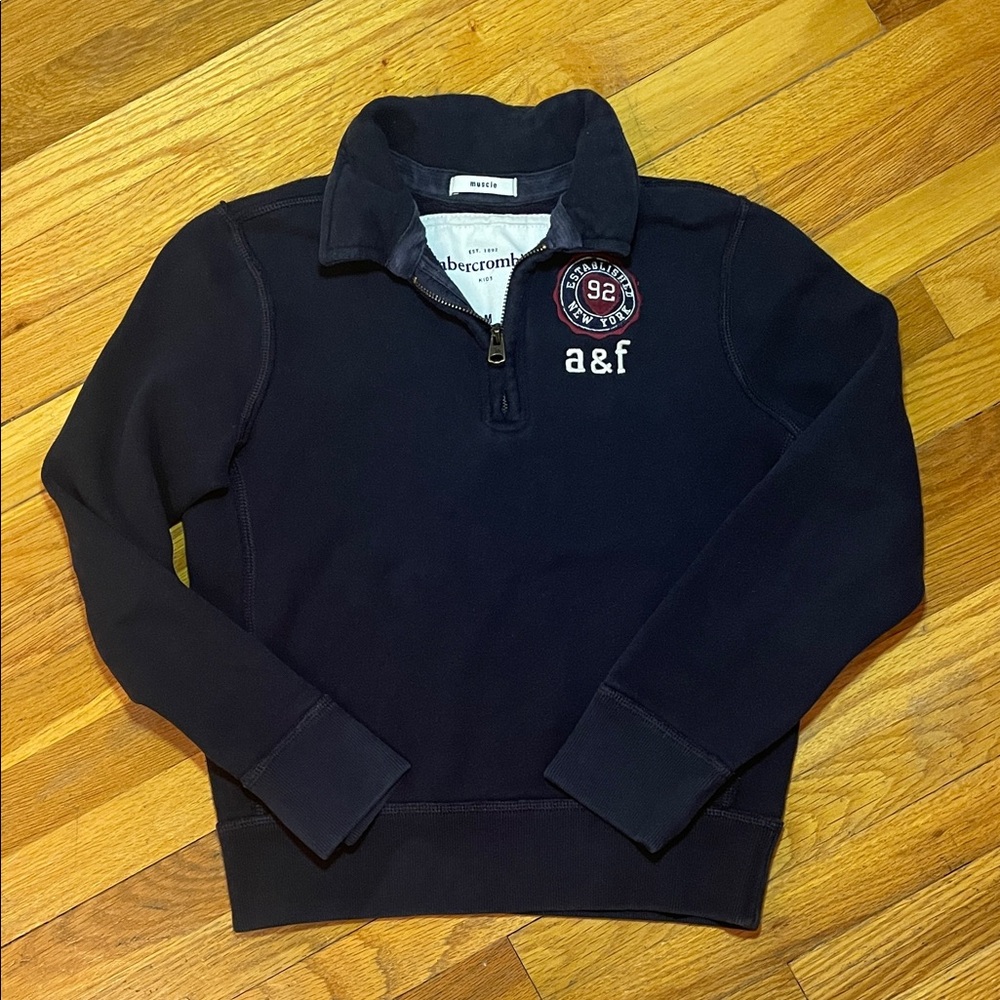 Abercrombie Kids Preppy Quarter-Zip Dark Blue Cozy Sweatshirt Embroidered Logo